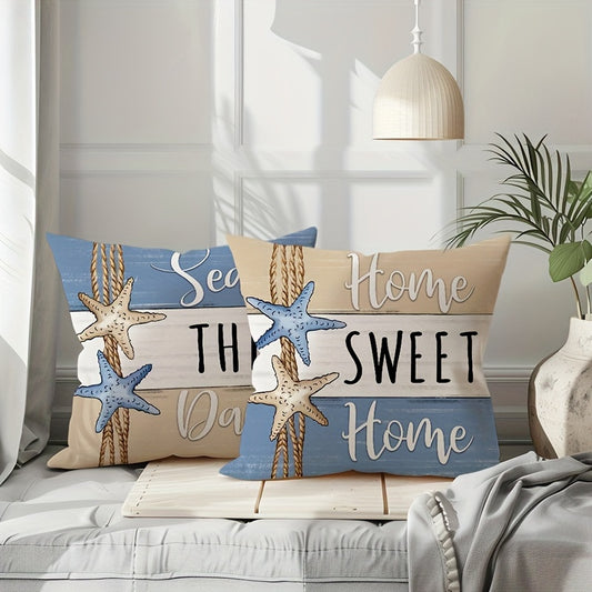4er-Set maritime Kissenbezüge zur sommerlichen Deko mit Muscheln, Seile, Seesterne und Sprüche in tollen Farben blau, weiß, beige - 45x45cm – 100 % Polyester - ohne Füllung