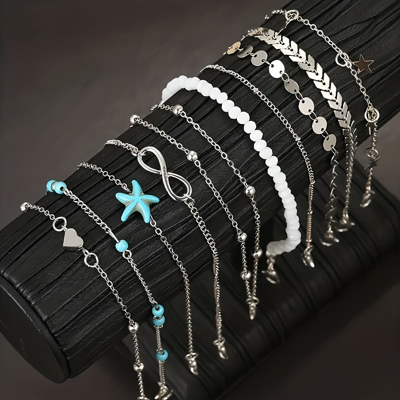 10-teiliges Boho-Fußkettchen-Set für Damen – vintage & sommerlicher Stil mit Seestern und Perlen für Strand und Alltag