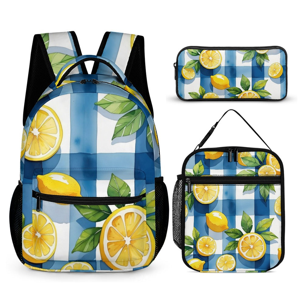 Fröhliches 3-teiliges Kinder Taschen Set mit Rucksack, Lunchtasche & Federmäppchen mit Zitronen - in den sommerlichen Farben blau, gelb, weiß und grün