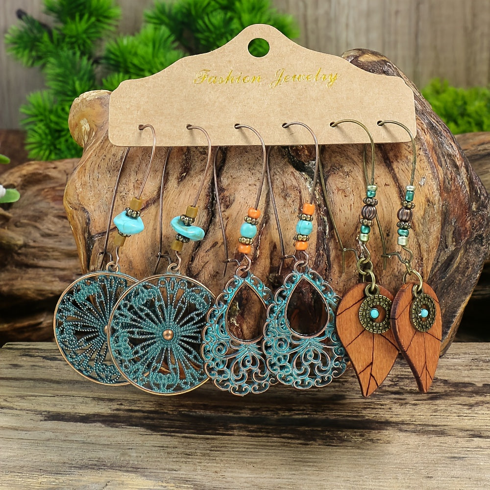 12 Paar Damen Ohrschmuck mit Tribal-Designs in Antikbronze, Vintage Hängeohrring-Set mit geometrischen Formen - Zinklegierung