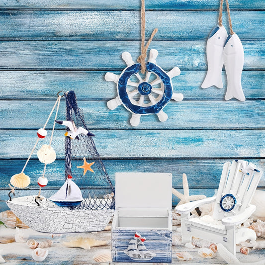 7-er Set mit süße maritime Holzfiguren wie Schiff, Leuchtturm, Rettungsring, Holzstuhl, Kiste und Fische in Blau & Weiß - bis 14,5cm Höhe