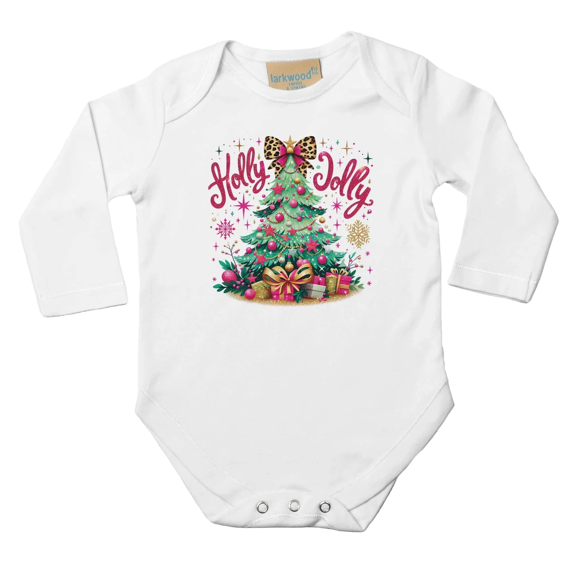Baby Langarm Body für Weihnachten mit Mädchen Aufdruck - Christbaum mit Geschenke und Holly Jolly - 100% Baumwolle - Größe bis 18 Monate bzw. 86 - Winter Body mit Muster -