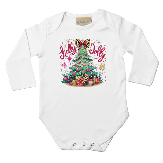 Baby Langarm Body für Weihnachten mit Mädchen Aufdruck - Christbaum mit Geschenke und Holly Jolly - 100% Baumwolle - Größe bis 18 Monate bzw. 86 - Winter Body mit Muster -