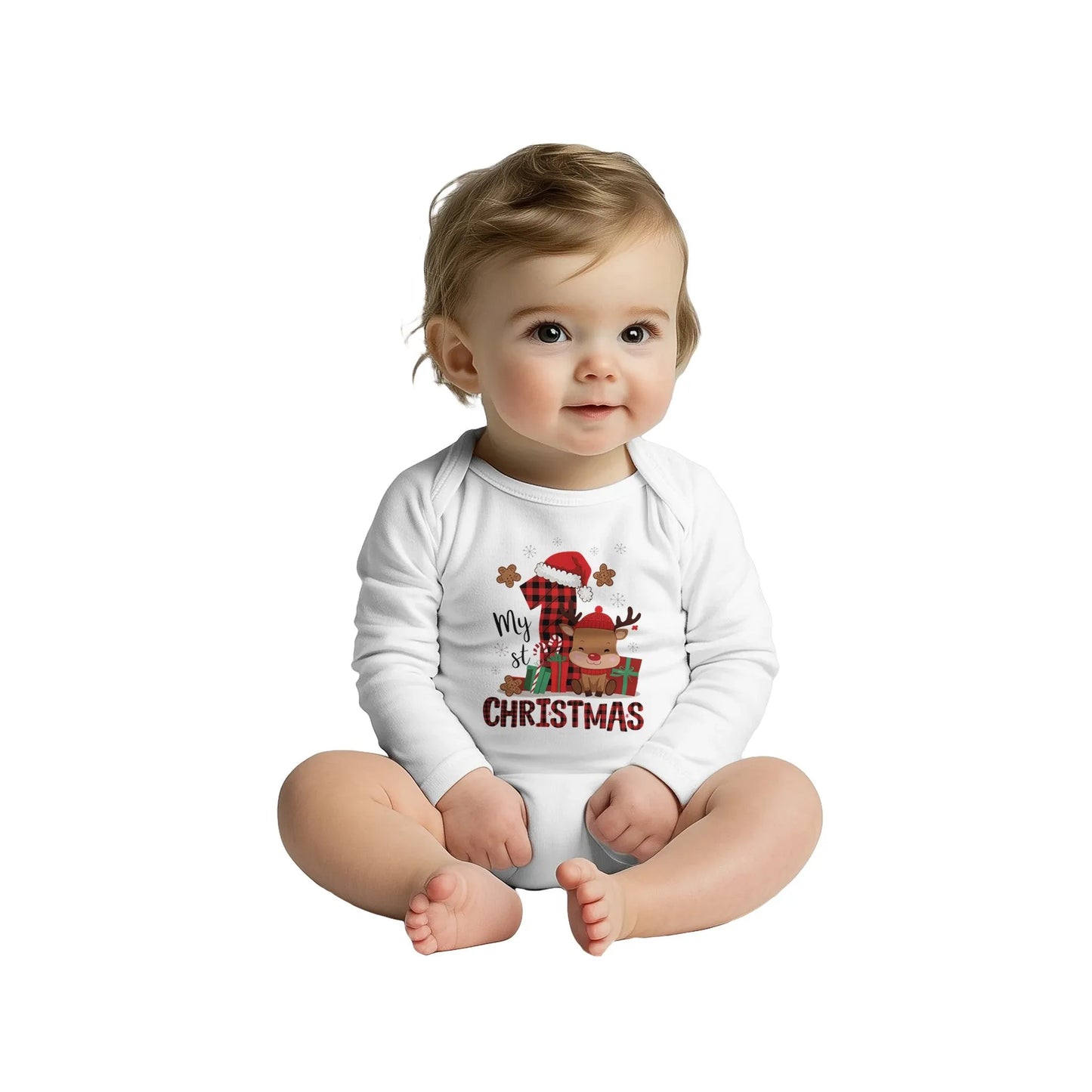Unisex Baby Langarm Body für Weihnachten mit Aufdruck - My first Christmas mit Elch - 100% Baumwolle - Größe bis 18 Monate bzw. 86 - Strampler Body mit Muster -