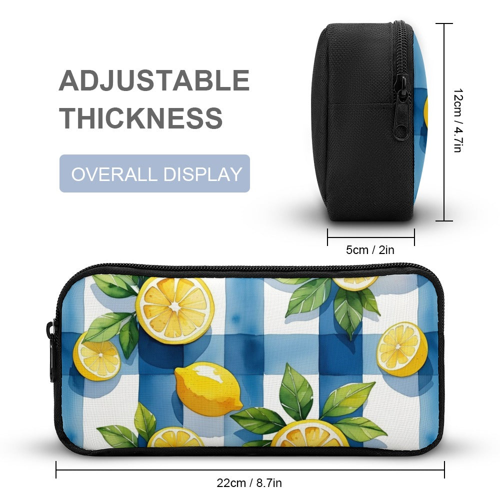 Fröhliches 3-teiliges Kinder Taschen Set mit Rucksack, Lunchtasche & Federmäppchen mit Zitronen - in den sommerlichen Farben blau, gelb, weiß und grün