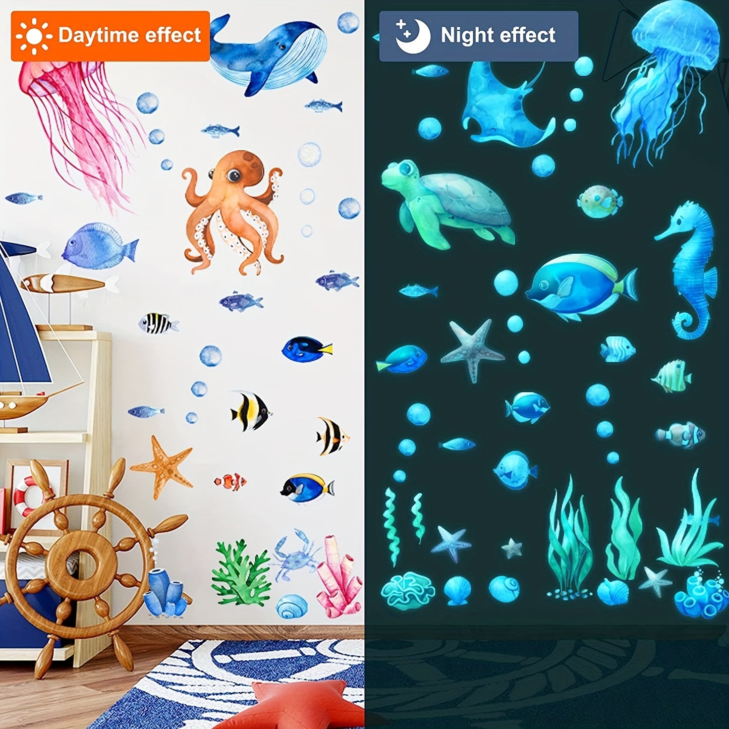 85-teiliges Set mit maritime Unterwasserwelt Wandaufkleber "Glow in the dark" mit Meerestiere, Seesterne, Pflanzen  – leuchtende Aufkleber in Blau oder Grün für Badezimmer, Kinderzimmer oder Wohnbereich