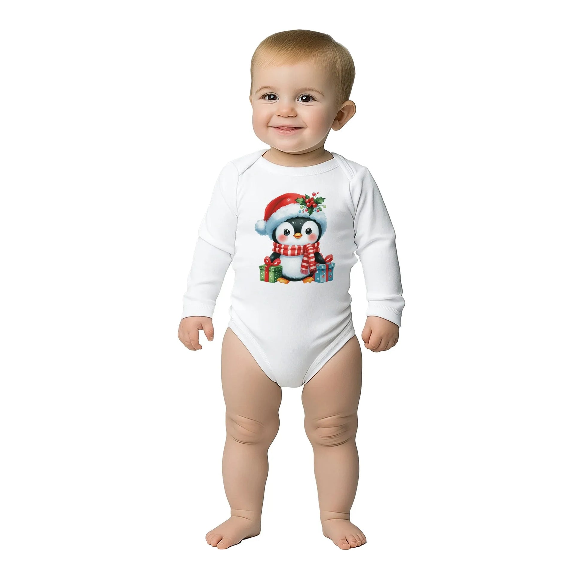 Unisex Baby Langarm Body für Weihnachten mit Aufdruck mit Pinguin und Geschenke - 100% Baumwolle - Größe bis 18 Monate bzw. 86 - Strampler Body mit Muster -