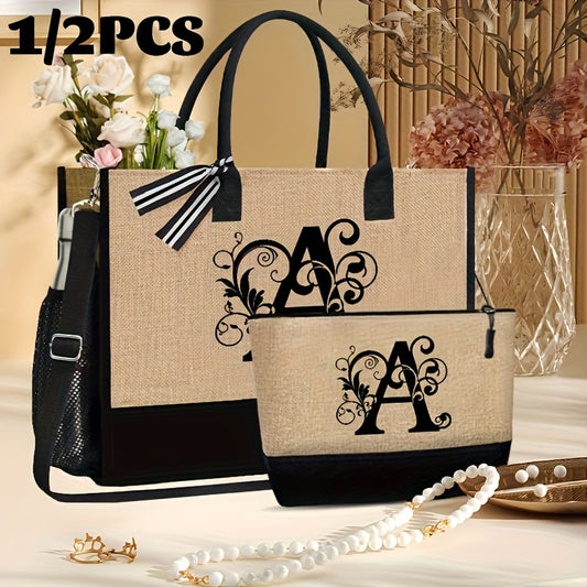 2-teiliges Set: Große und kleine personalisierte Monogramm Tragetasche mit Buchstaben von A bis Z in schönem Design - Aufdruck in Schwarz - leichte Einkaufstasche aus Stoff mit schwarzen Griffen - mit Reißverschluss