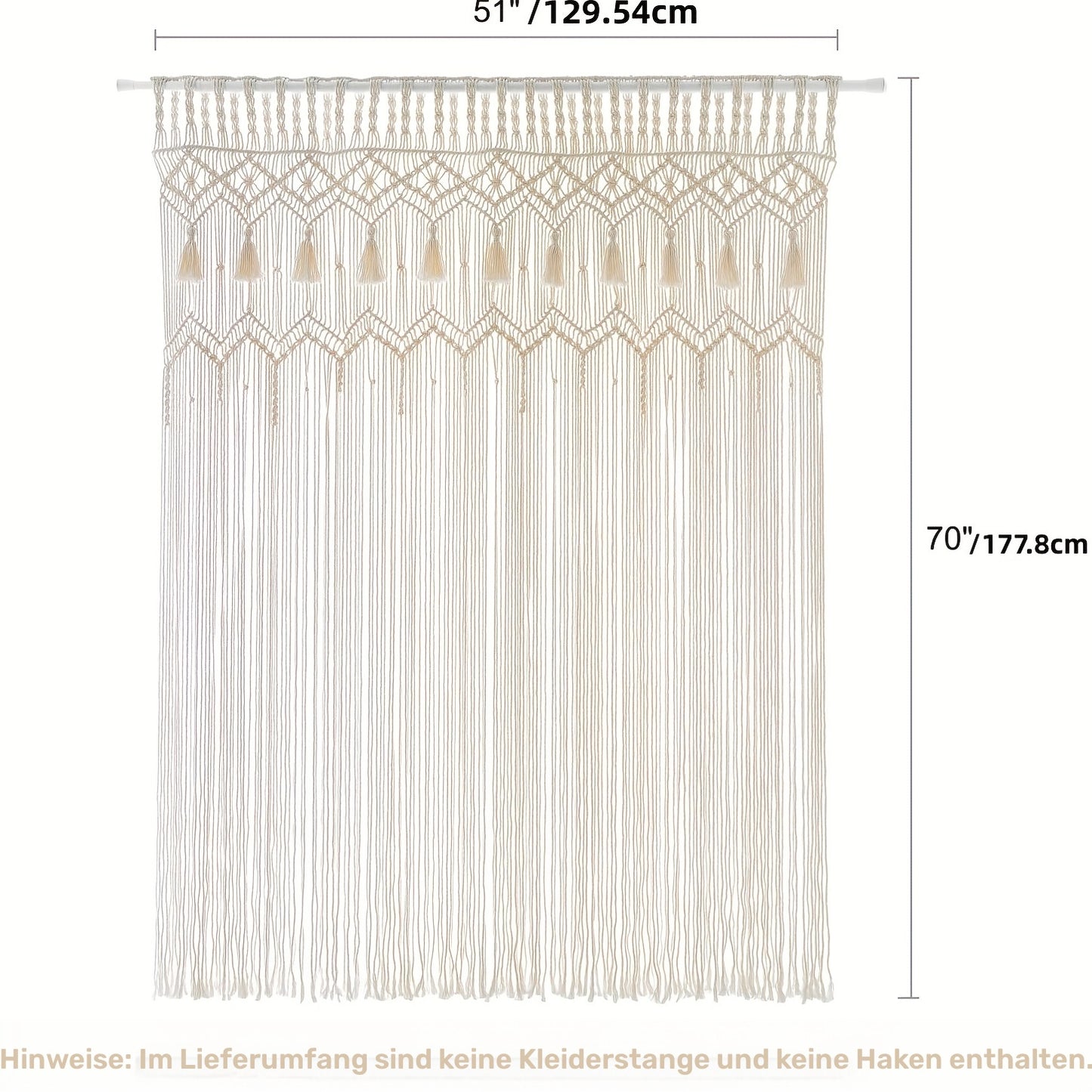 Wunderschöner Makramee-Vorhang – Handgefertigte Boho-Dekoration für Fenster, Türen & mehr, 130×178 cm, halbtransparent, 100 % Baumwolle