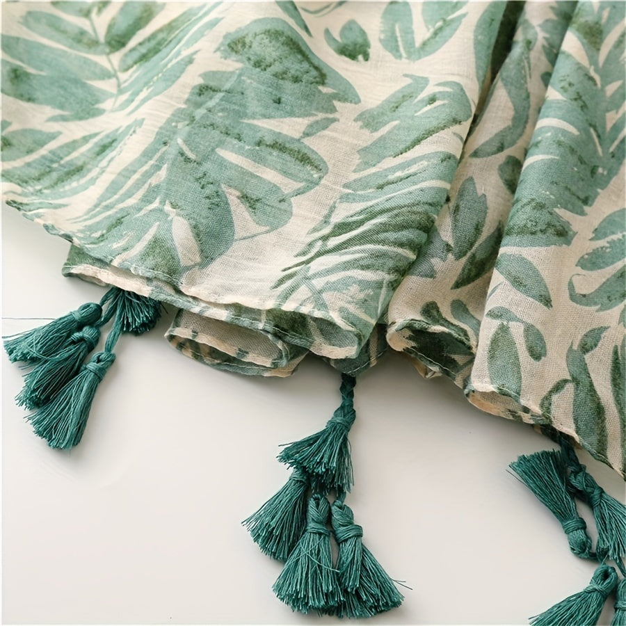 Großer Damen Schal mit bezauberndem Blättermotiv in hübschen Grün-Töne - 85 × 185 cm - mit Bananenblatt-Print in Mint/Petrol sowie pfiffige Fransen - 100 % Polyester