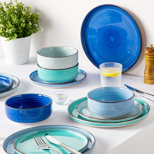 Wunderschönes 12-teiliges Steingut-Tafelservice in den Farben des Meeres - Blau und Mint – Handbemaltes Geschirr für 4 Personen mit Speiseteller, Dessertteller & Müslischale