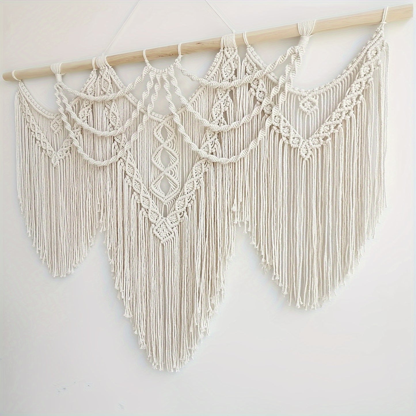 Großer Boho Makramee Wandbehang – handgefertigte geometrische Wandkunst in natürlichen Erdtönen, 109×81 cm, 100% Baumwolle, Querformat für Wohnzimmer, Schlafzimmer & mehr
