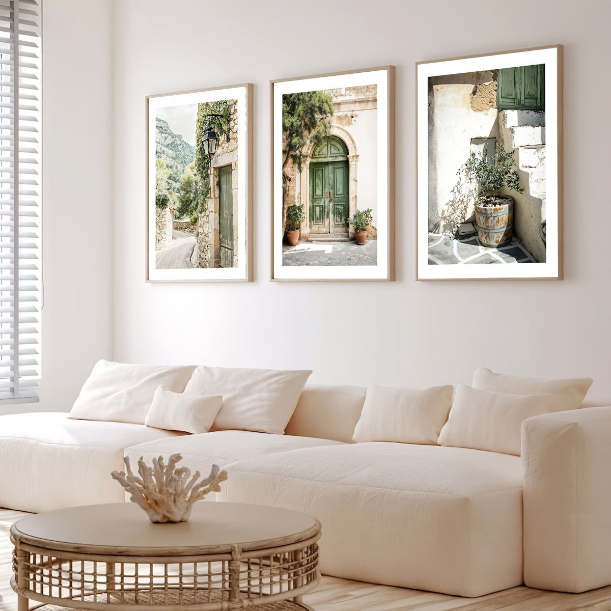 3-teiliges Boho Leinwand Poster Set mit Olivenbaum & Türen in angesagten Grün-, Grau- und Braun-Töne  – sommerliche mediterane Wandkunst ohne Rahmen