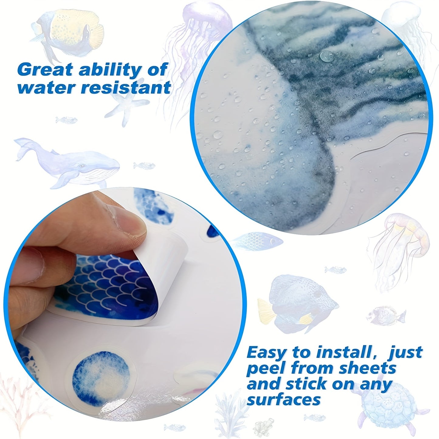85-teiliges Set mit maritime Unterwasserwelt Wandaufkleber "Glow in the dark" mit Meerestiere, Seesterne, Pflanzen  – leuchtende Aufkleber in Blau oder Grün für Badezimmer, Kinderzimmer oder Wohnbereich