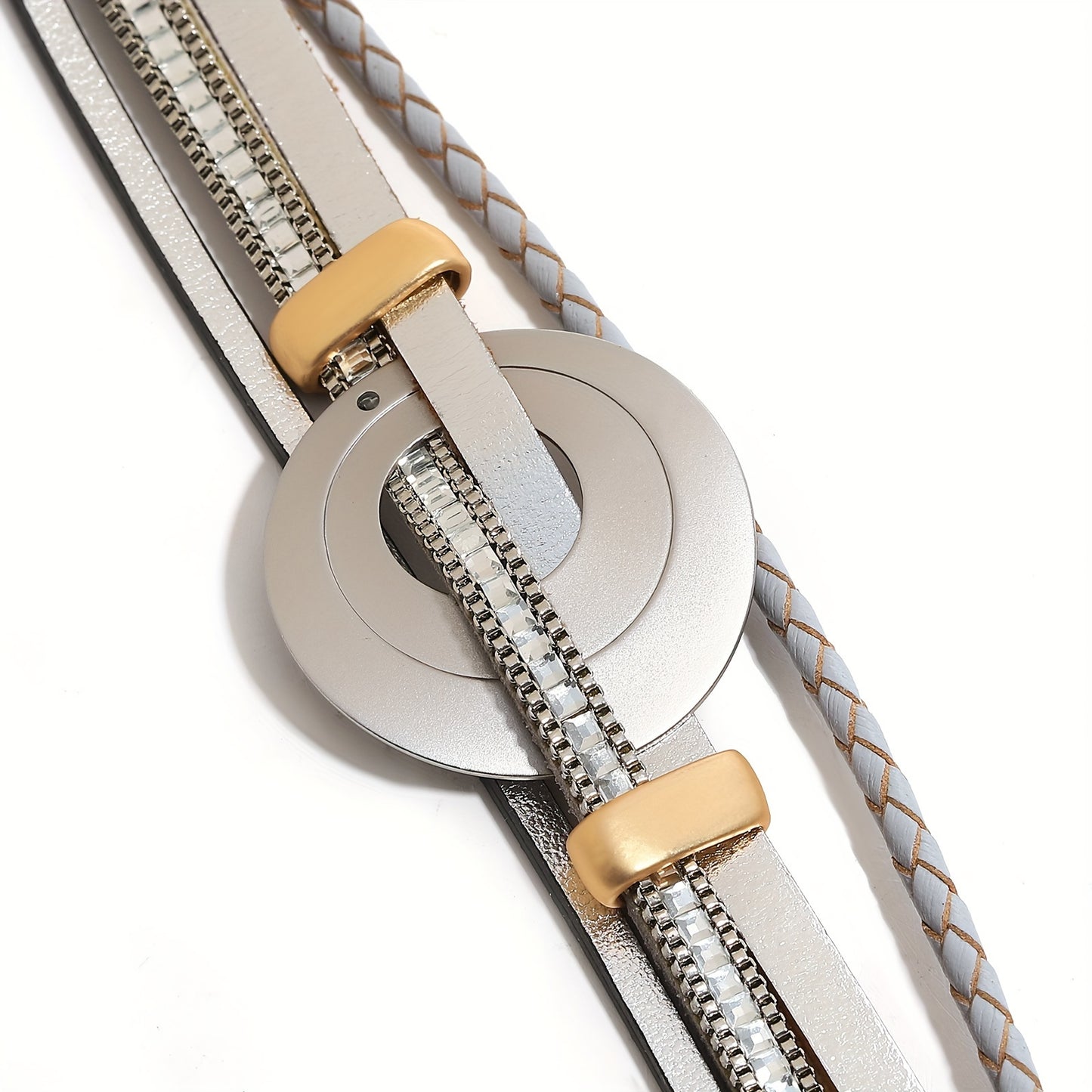 4-teiliges Damen Kunstleder Armband mit Kristallperlen & Goldfarbenem Rundanhänger - 19,2cm lang - in drei tollen Farbrichtungen