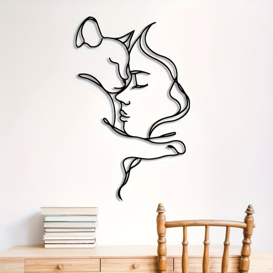 Katze & Frau Metall-Wandkunst – Minimalistisches Design mit Doodle Figur für Katzenliebhaber -