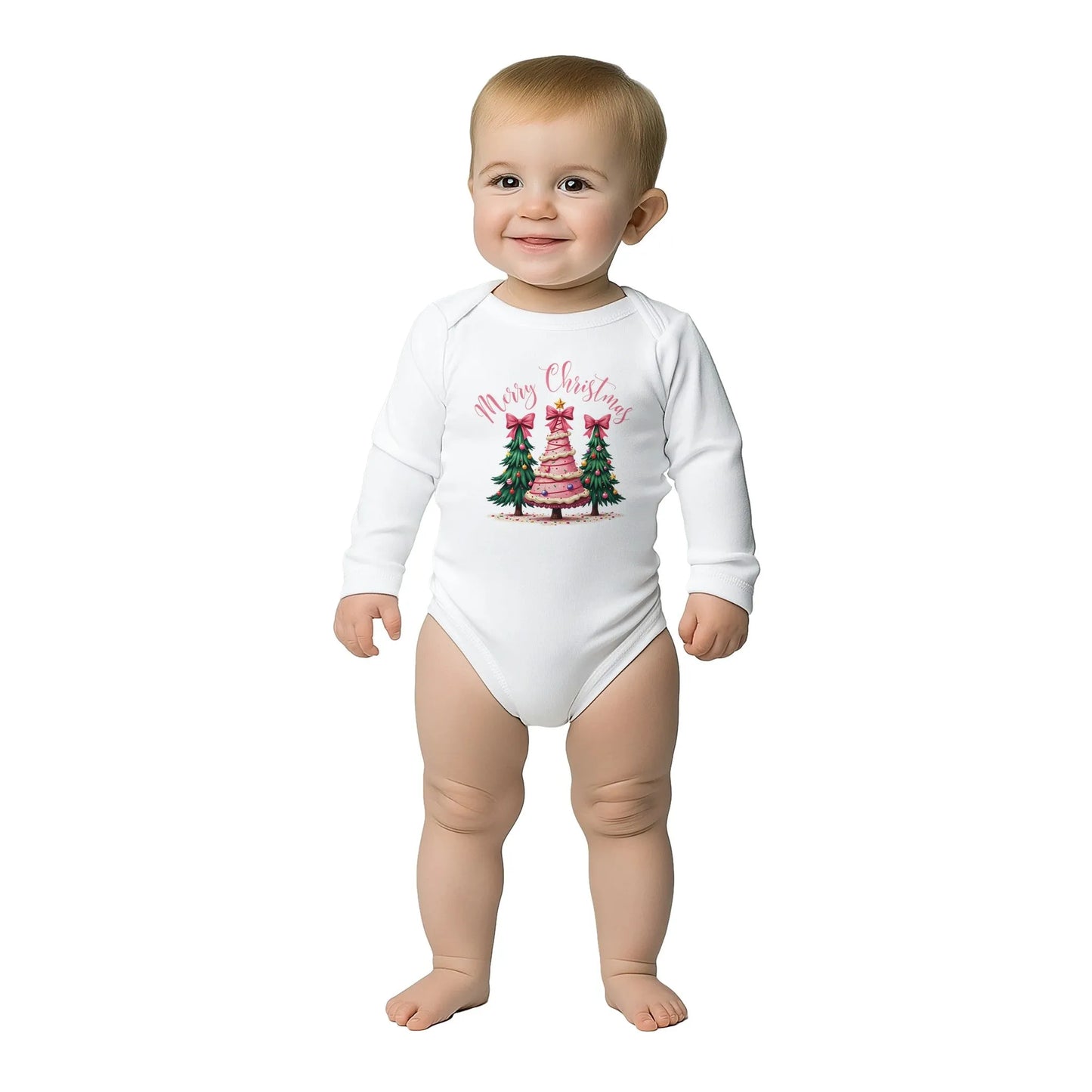 Baby Langarm Body für Weihnachten mit Mädchen Aufdruck - Merry Christmas mit Christbäume - 100% Baumwolle - Größe bis 18 Monate bzw. 86 - Strampler Body mit Muster -