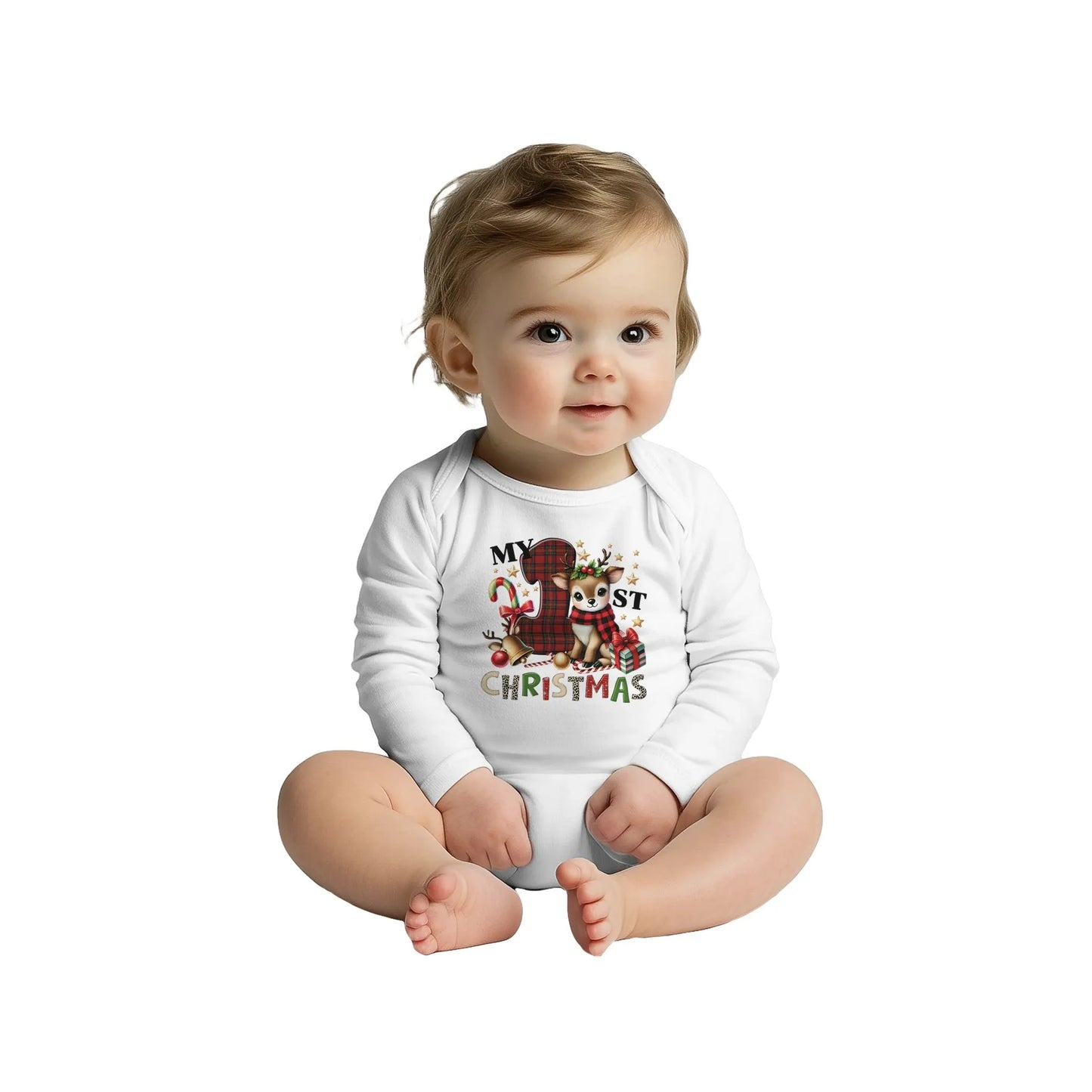 Unisex Baby Langarm Body für Weihnachten mit Aufdruck - My First Christmas mit Elch - 100% Baumwolle - Größe bis 18 Monate bzw. 86 - Strampler Body mit Muster -