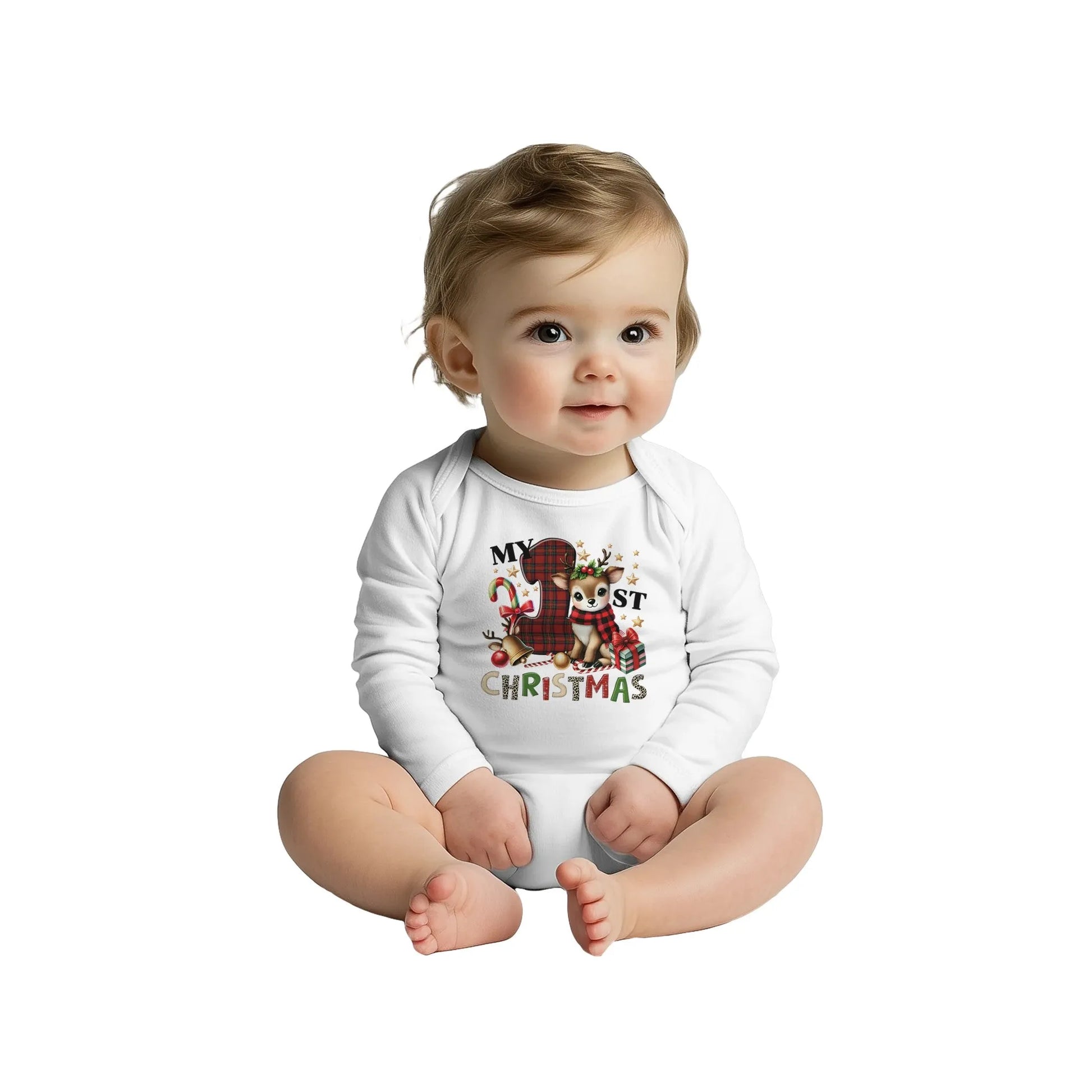 Unisex Baby Langarm Body für Weihnachten mit Aufdruck - My First Christmas mit Elch - 100% Baumwolle - Größe bis 18 Monate bzw. 86 - Strampler Body mit Muster -