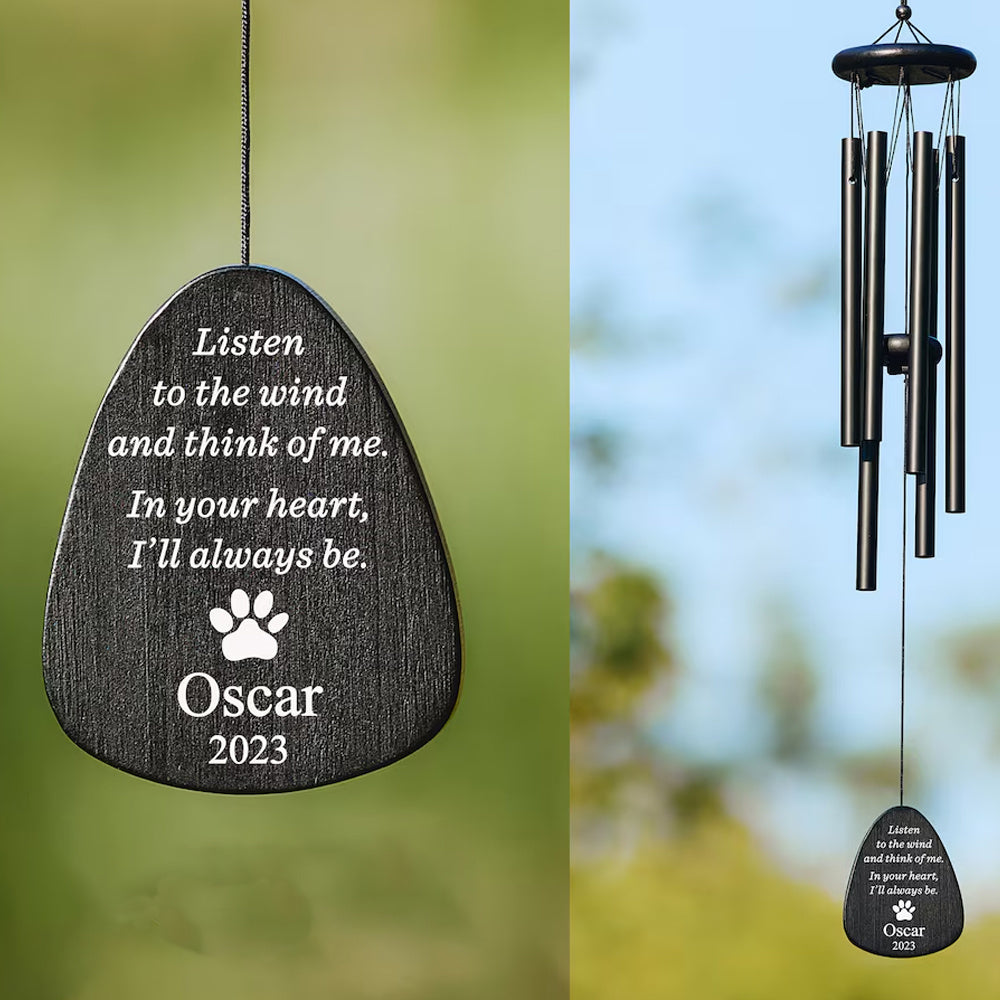 Personalisiertes Heimtier-Windspiel aus Holz in schwarz oder hell - zum Andenken an verstorbene Haustiere wie Hund oder Katze -