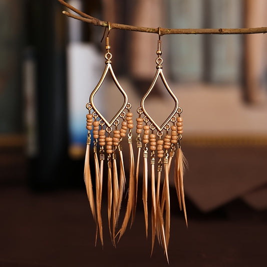 Schlanke Damen Boho Feder-Ohrringe mit Traumfänger Design – 12cm lang, künstliche Federn & Fransen