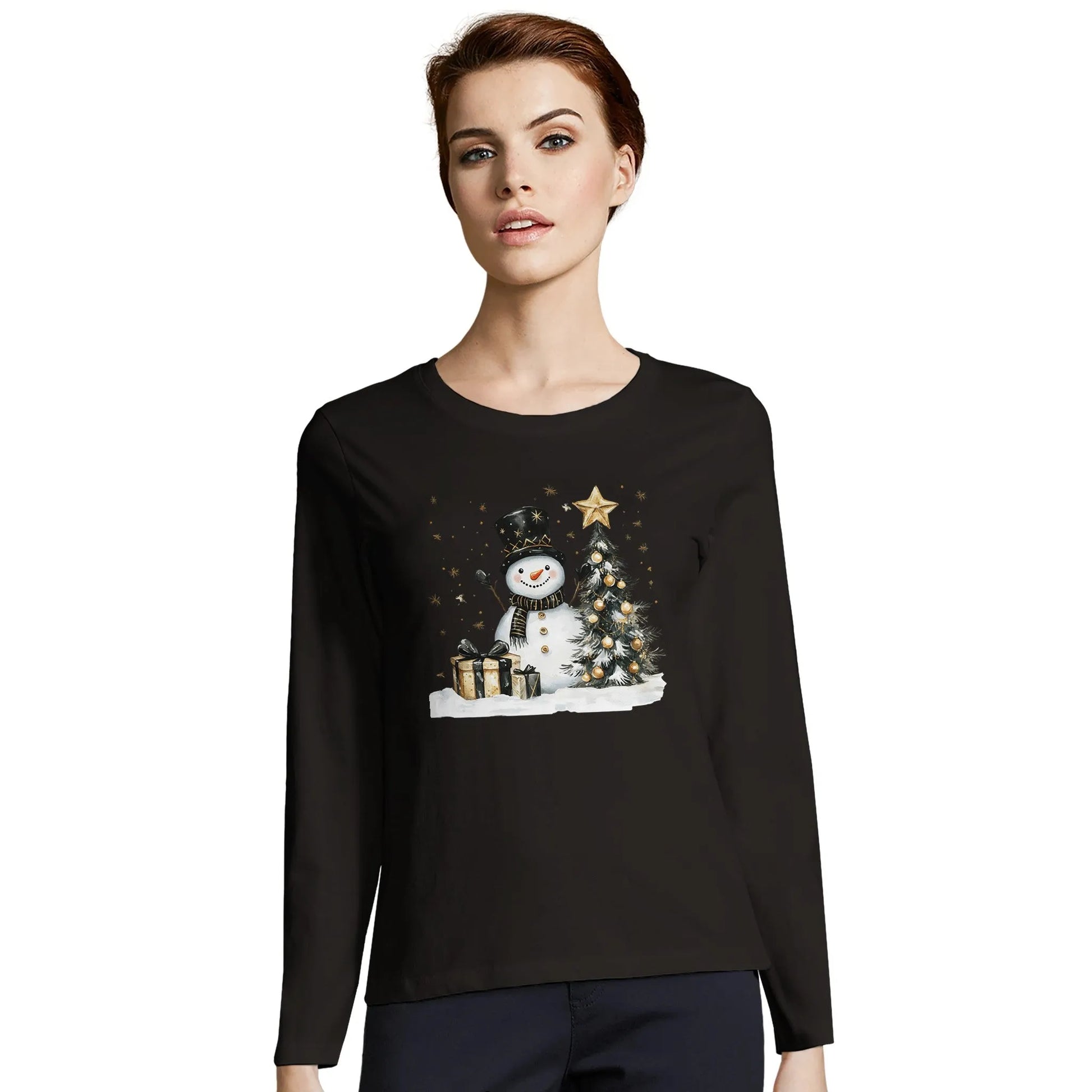 Tailliertes Damen Langarm-T-Shirt mit Schneemann, Christbaum und Geschenke -