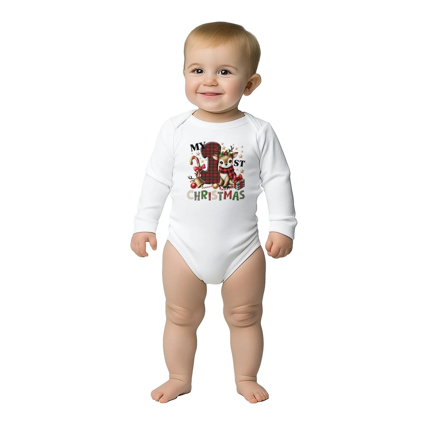 Unisex Baby Langarm Body für Weihnachten mit Aufdruck - My First Christmas mit Elch - 100% Baumwolle - Größe bis 18 Monate bzw. 86 - Strampler Body mit Muster -