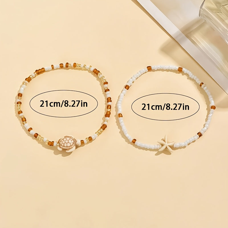 2er-Set bezaubernde maritime Damen Fußkettchen in Weiß und Beige mit Perlen, Seestern und Schildkröte