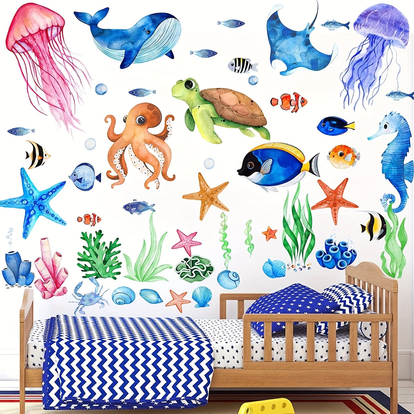 85-teiliges Set mit maritime Unterwasserwelt Wandaufkleber "Glow in the dark" mit Meerestiere, Seesterne, Pflanzen  – leuchtende Aufkleber in Blau oder Grün für Badezimmer, Kinderzimmer oder Wohnbereich