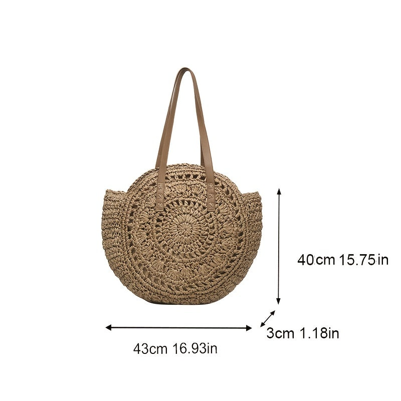 Runde Damen Boho Strohtasche mit Lochmuster – Damen-Umhängetasche für Strand & Sommer in Beige oder Khaki - 43×40 cm, mit Reißverschluss