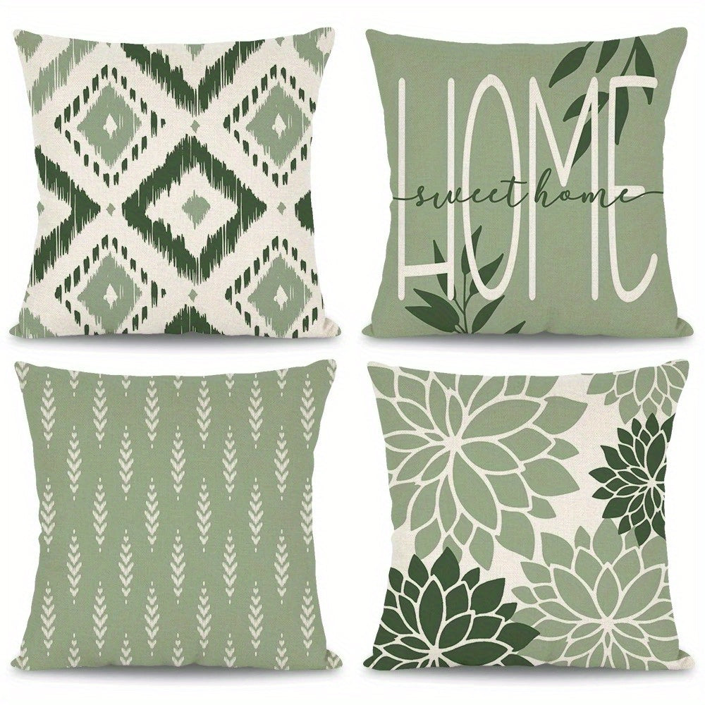 4er-Set Kissenbezüge „Salbei & Shapes“ – Modern Nordic Sofa-Dekoration mit Blumen, Geometrie & „Home Sweet Home“ - in vier Größen
