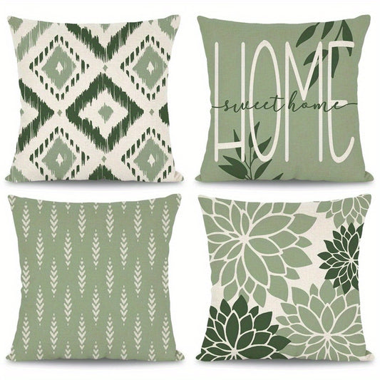 4er-Set Kissenbezüge „Salbei & Shapes“ – Modern Nordic Sofa-Dekoration mit Blumen, Geometrie & „Home Sweet Home“ - in vier Größen