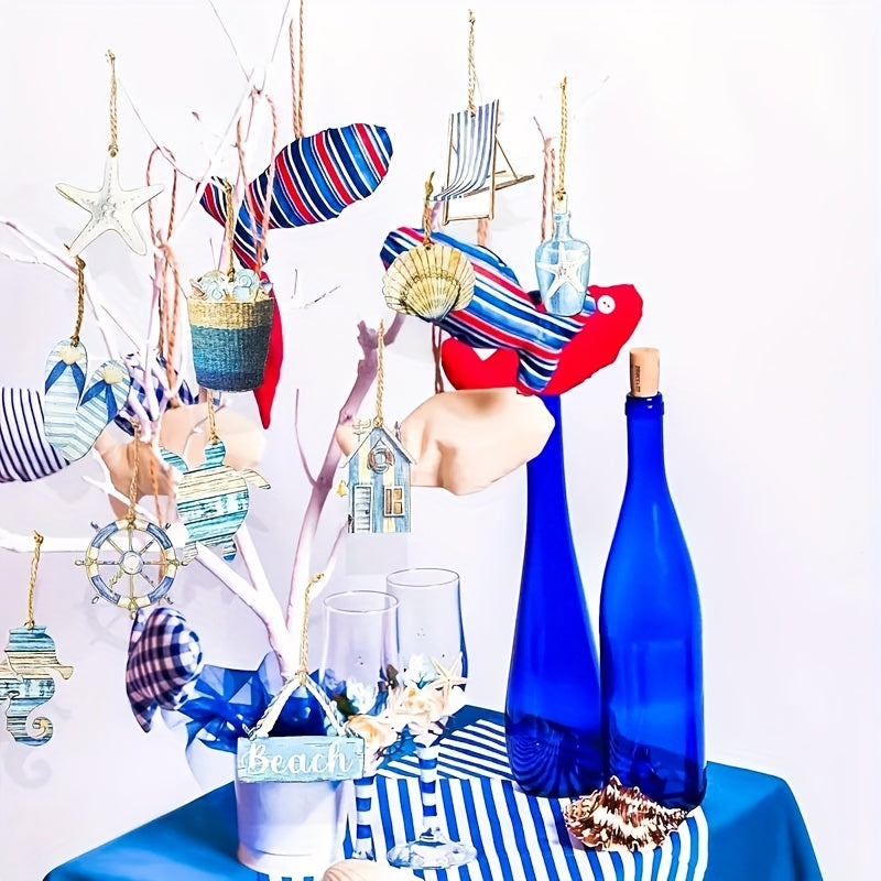 12 oder 24-er Set mit maritimer Hängedekoration aus Holz zum Aufhängen oder Basteln - Steuerrad, Seepferdchen, Stuhl, Beach-Schild, Schildkröte, Fisch,  uvm. – süße sommerliche Meeresmotive in Blau & Weiß