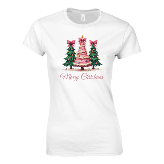 Tailliertes Damen Kurzarm T-Shirt mit Print - drei Christbäume und Merry Christmas - Weihnachten und Winter – viele Farben und große Größen -