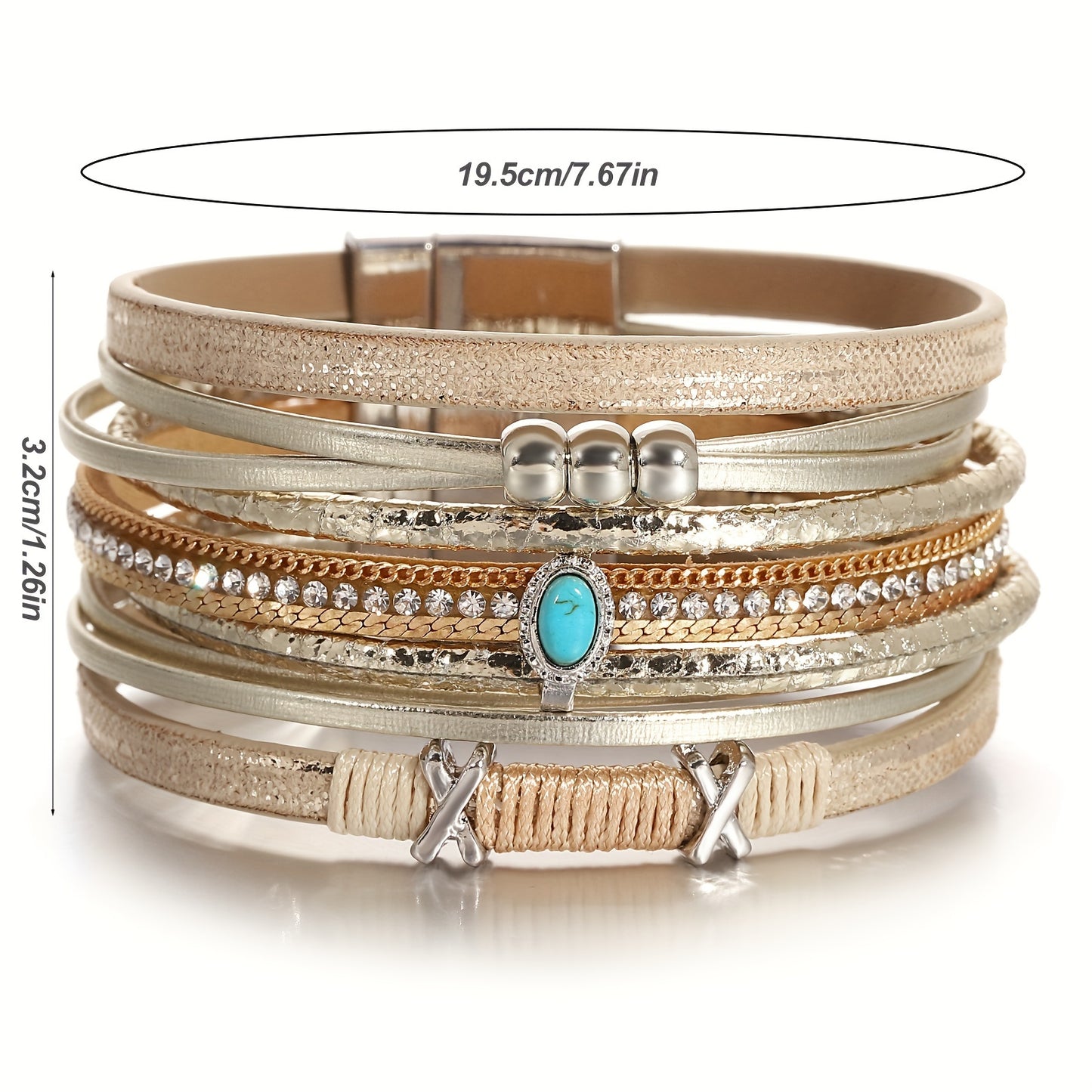 Wunderschönes Retro Kreuz-Armband für Damen – Mehrteiliges Kunstleder Schmuckarmband mit blauen Steinen & Strass - 19,5cm Durchmesser - 7 Farben