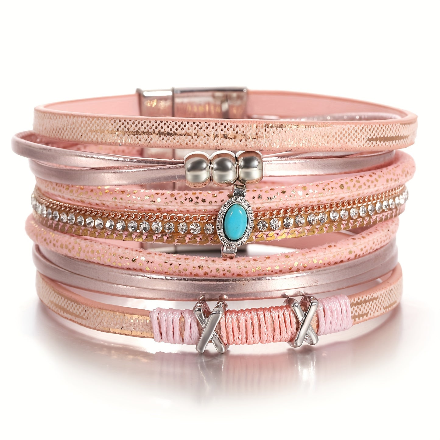 Wunderschönes Retro Kreuz-Armband für Damen – Mehrteiliges Kunstleder Schmuckarmband mit blauen Steinen & Strass - 19,5cm Durchmesser - 7 Farben
