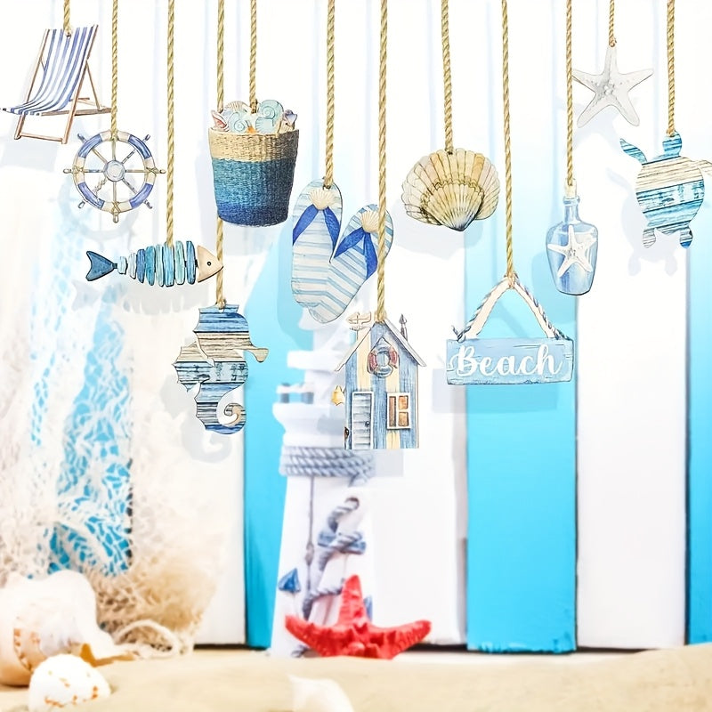 12 oder 24-er Set mit maritimer Hängedekoration aus Holz zum Aufhängen oder Basteln - Steuerrad, Seepferdchen, Stuhl, Beach-Schild, Schildkröte, Fisch,  uvm. – süße sommerliche Meeresmotive in Blau & Weiß