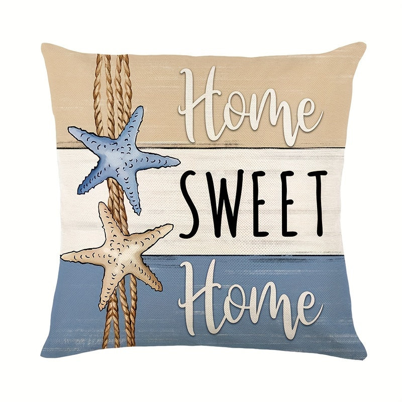 4er-Set maritime Kissenbezüge zur sommerlichen Deko mit Muscheln, Seile, Seesterne und Sprüche in tollen Farben blau, weiß, beige - 45x45cm – 100 % Polyester - ohne Füllung