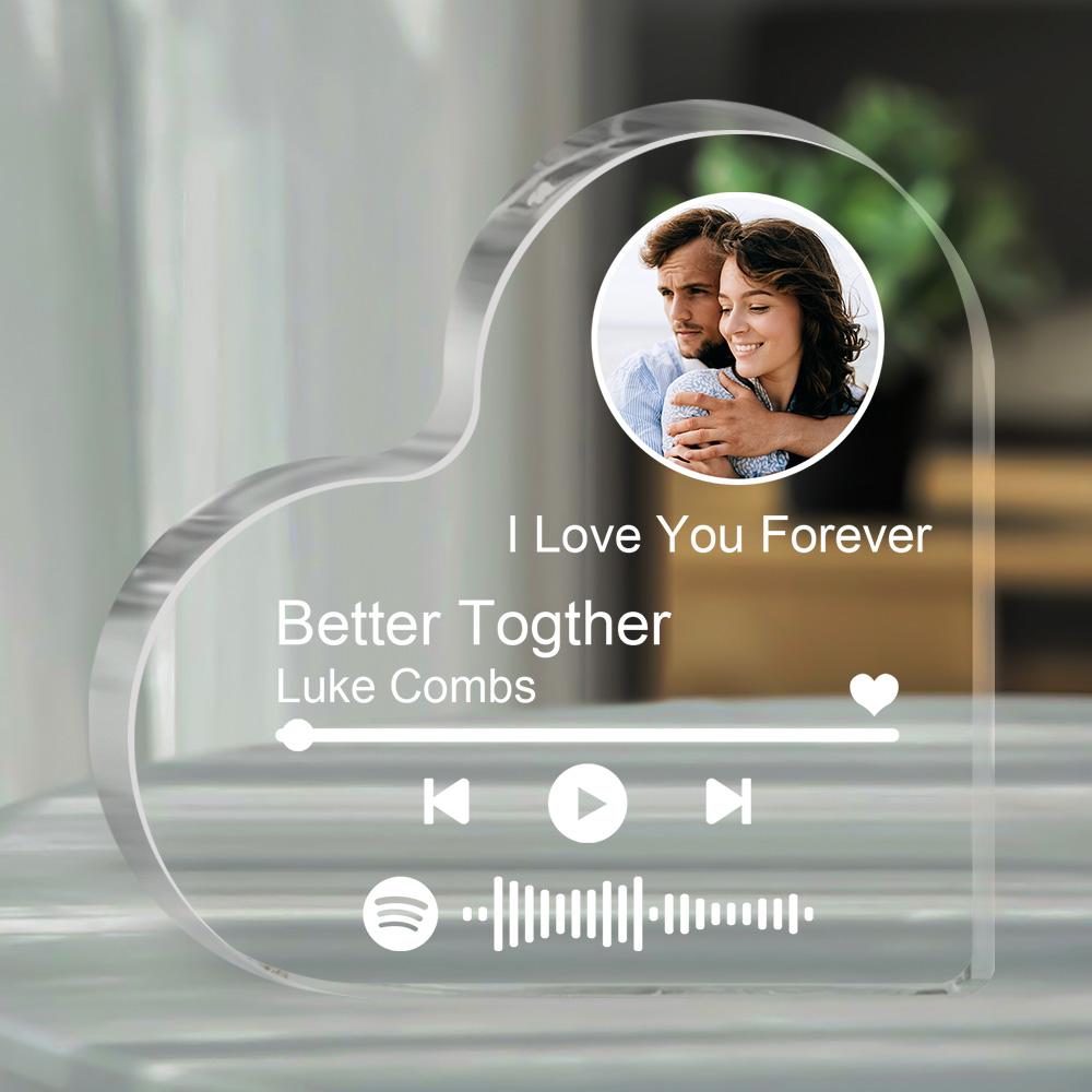 Personalisierter Acrylblock in Herz Form, mit eigenem Bild und Spotify Song -