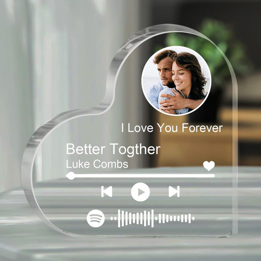 Personalisierter Acrylblock in Herz Form, mit eigenem Bild und Spotify Song -