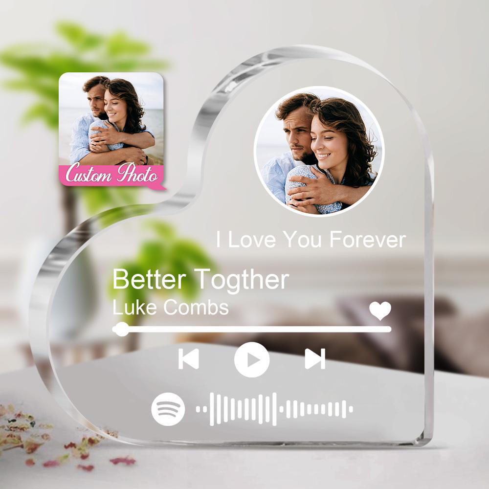 Personalisierter Acrylblock in Herz Form, mit eigenem Bild und Spotify Song -