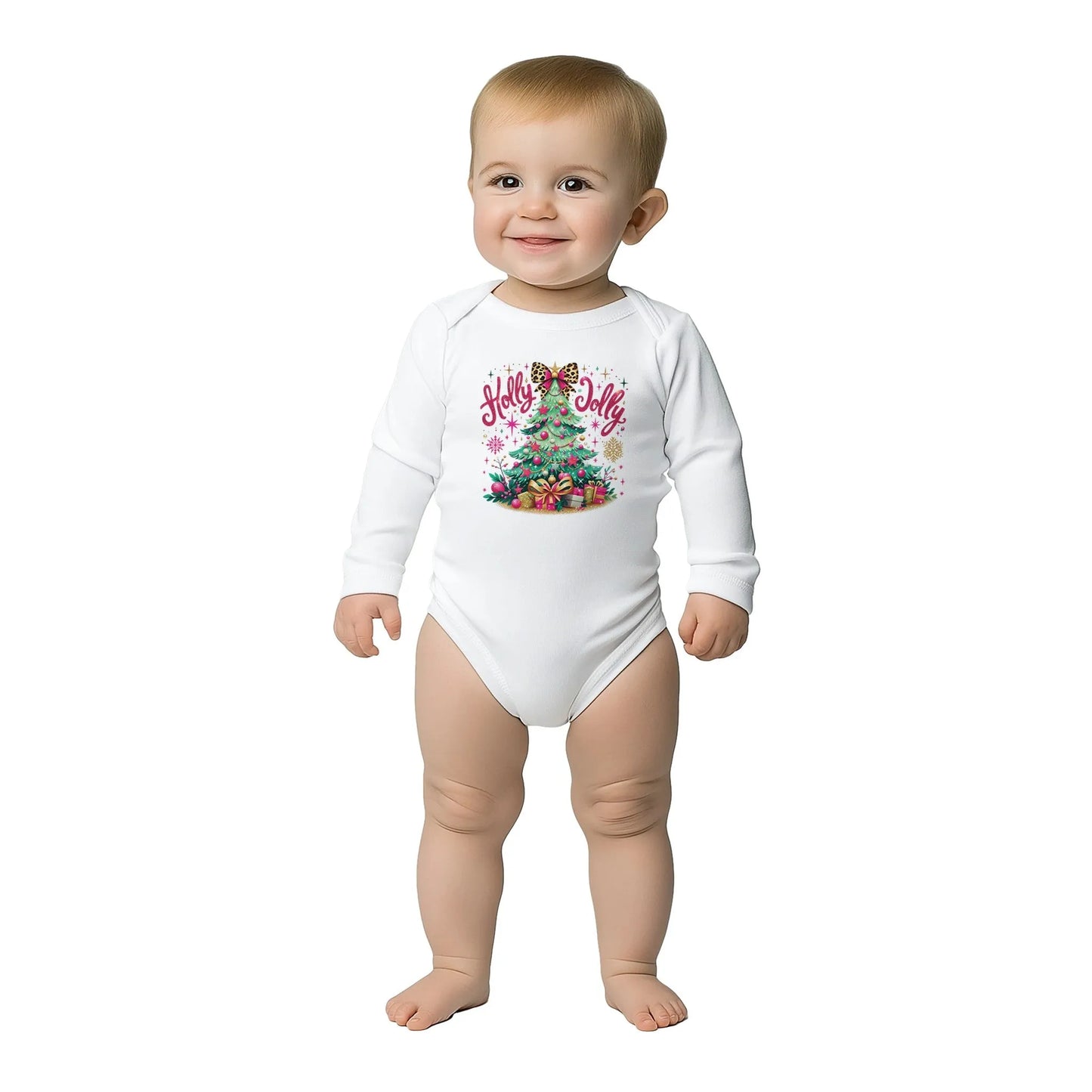 Baby Langarm Body für Weihnachten mit Mädchen Aufdruck - Christbaum mit Geschenke und Holly Jolly - 100% Baumwolle - Größe bis 18 Monate bzw. 86 - Winter Body mit Muster -