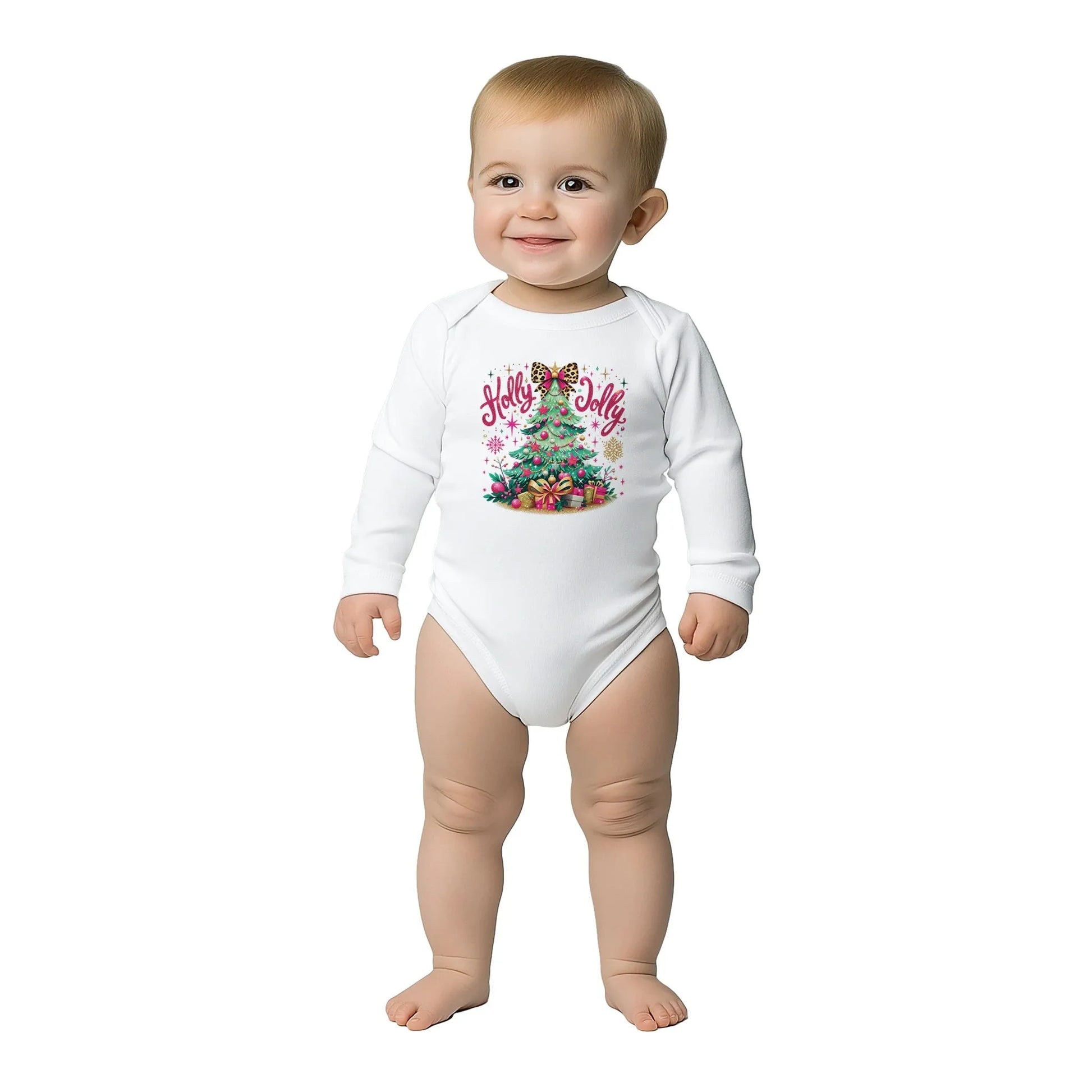 Baby Langarm Body für Weihnachten mit Mädchen Aufdruck - Christbaum mit Geschenke und Holly Jolly - 100% Baumwolle - Größe bis 18 Monate bzw. 86 - Winter Body mit Muster -