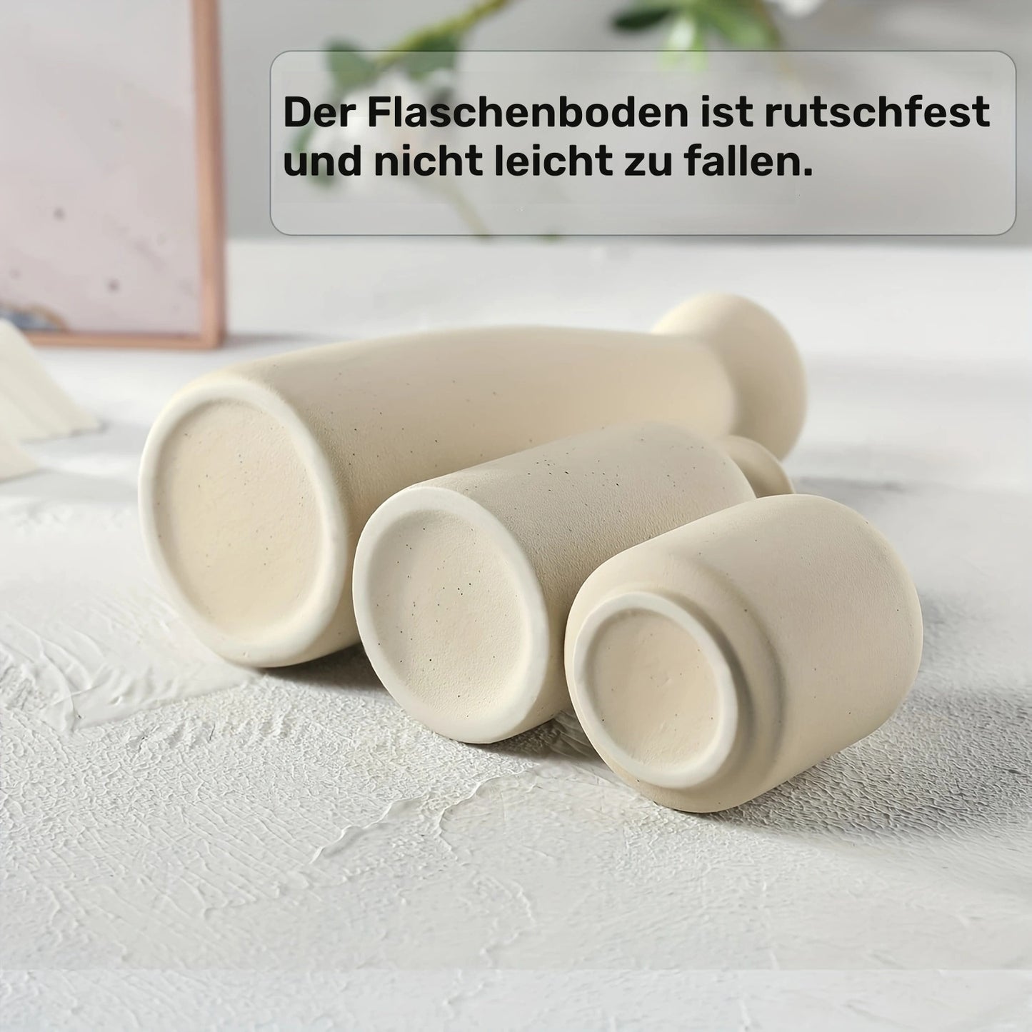 3er-Set Boho Keramikvasen in Beige oder Weiß -  „Form & Blüte“ – Mattes Finish, Geometrisch-Florale Designs & Sockel-Form, Rutschfest & Dekorativ für Wohnzimmer & Bücherregal