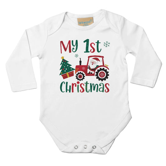 Baby Langarm Body für Weihnachten mit Jungen Aufdruck - My first Christmas mit Traktor - 100% Baumwolle - Größe bis 18 Monate bzw. 86 - Strampler Body mit Muster -