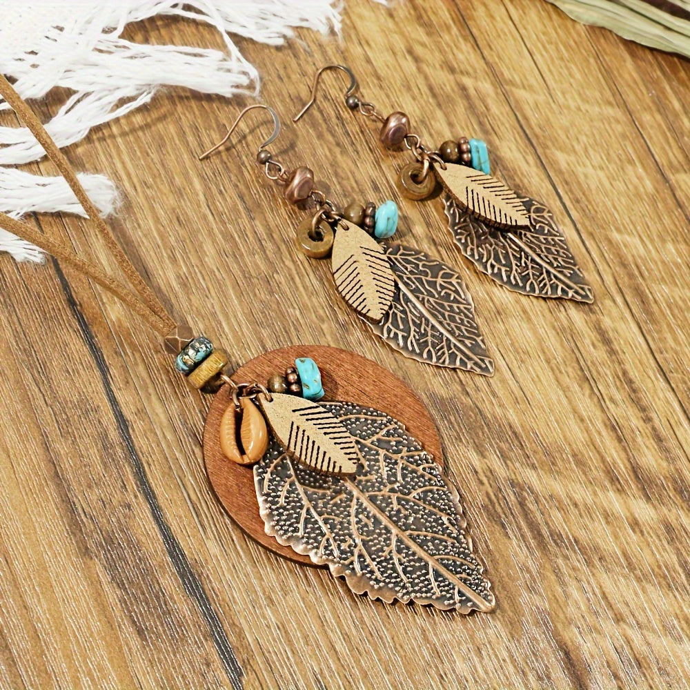 3-teiliges einzigartiges Boho Ethno-Schmuckset mit 1 Anhänger Kette sowie super dazupassende Ohrringe in Kaffee & Türkis - mit Blattanhänger auf Lederband sowie Tropfenohrringe